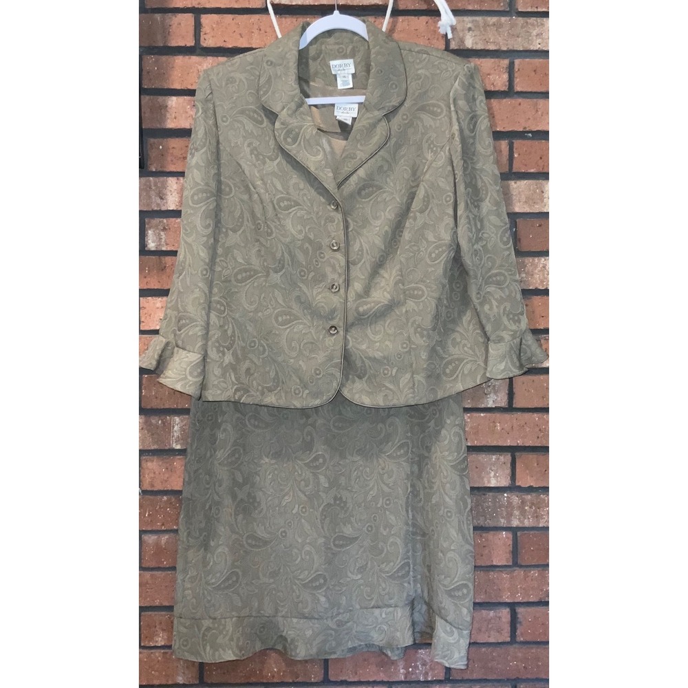 Dorby Womens 3 Piece Skirt Suit Set Sage Green Paisley Jacquard Blazer Size 16